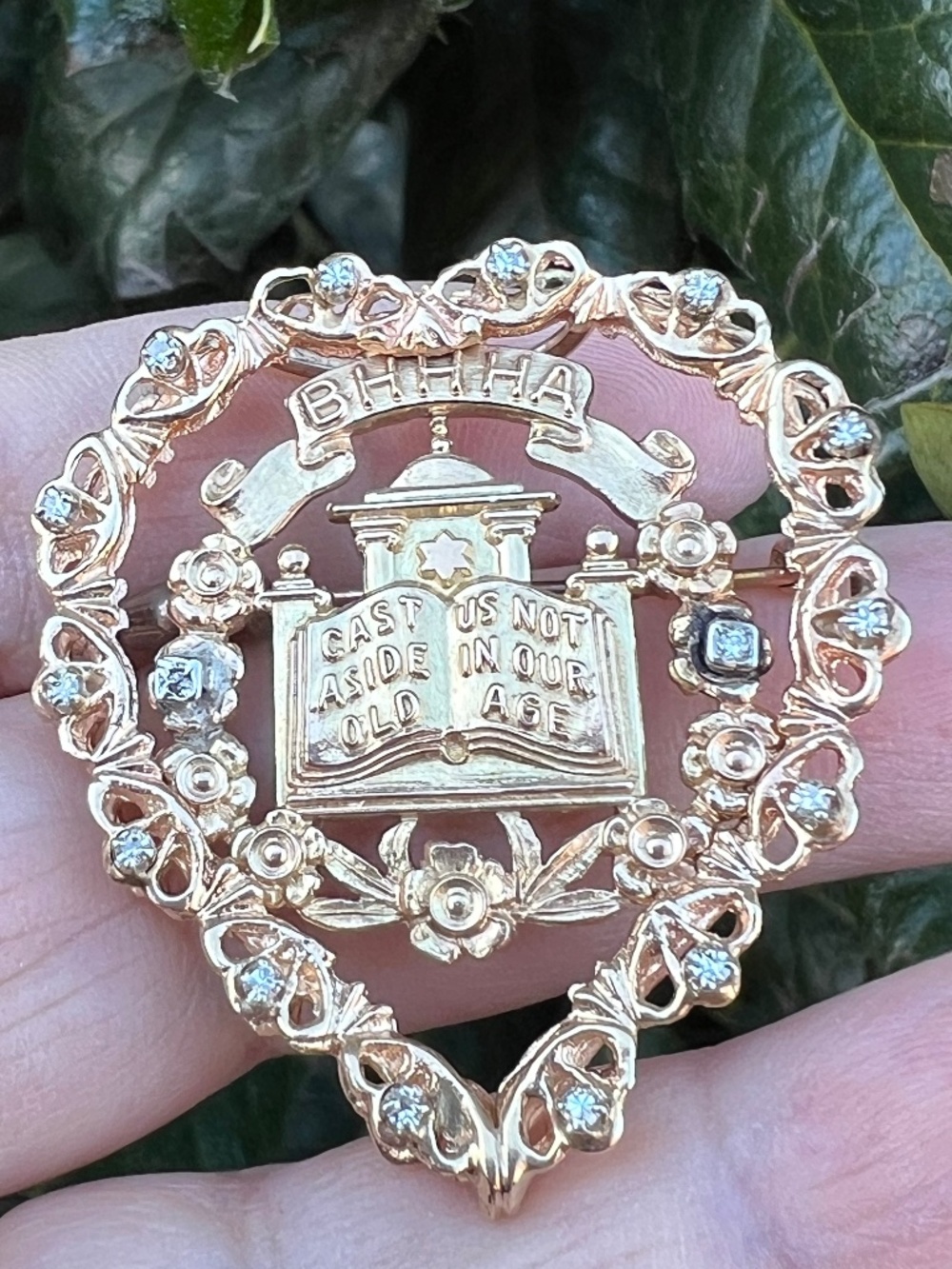 VINTAGE 14K YELLOW GOLD DIAMONDS JUDAICA TORAH LARGE HEART SLIDE PENDANT CUSTOM